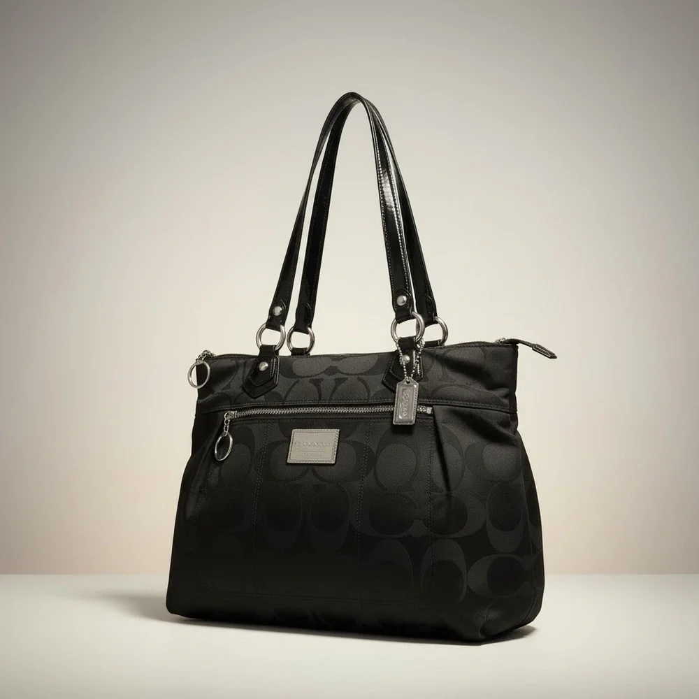 ✨ Coach Poppy Black Signature Tote Pink Satin Lining Patent Trim EUC